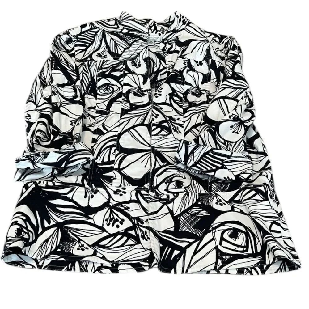 Coldwater Creek szPM 3/4 cuffed sleeve black & white flower print jacket EUC